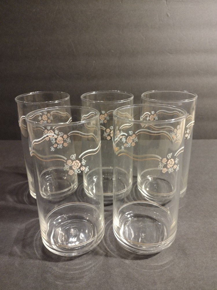 5 English Breakfast Corelle Tumblers Glasses, Clear, 6″ tall x 2 1/2″ Roses