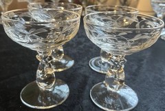 Set of 4 Heisey Lariat stem goblets with Moonglo etching