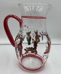 Pottery Barn Retired Christmas Reindeer Glass Pitcher & 8 Goblets Hand Painted
