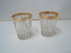 Indiana Glass Oval Star Clear Toy Tumbler Lot of 2 Gold Band 2 1/4″ Tall