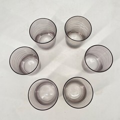 Lot of 6 Pier 1 Old Fashion Lowball Cocktail Glasses Etched smokey grey stemless