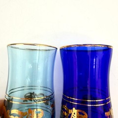 Cordial Glasses Set 2 Kamenicky Senov Czech Cobalt Aqua Gold Gilt Twist
