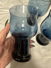 3 Vintage Libbey Stax Smoke Blue Pedestal Glasses 16oz Goblets Retro Barware