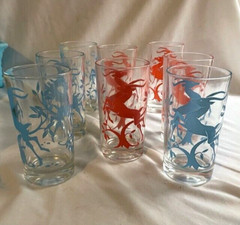 Vintage 1950s Federal Glasses Blue and Red Gazelle Pattern 8 piece Set