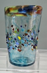 Global Amici Hand Blown Highball Glass Mexico Blue Tint Confetti Specks Rainbow