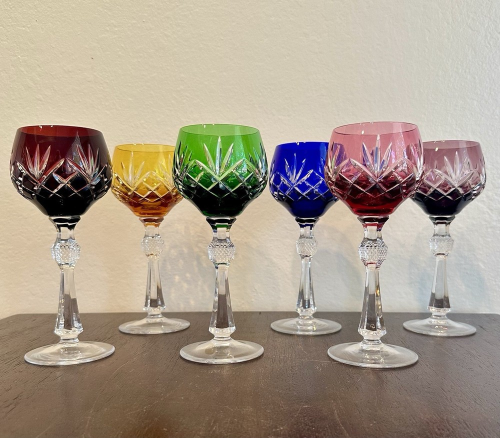 6 Vintage Cut Clear Crystal Wine Glasses Bohemian Czech West German Style 7.5”H
