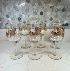 1960s 22k Gold Leaves/Foliage Wine Glasses- Set Of 6 MCM Barware Vintage