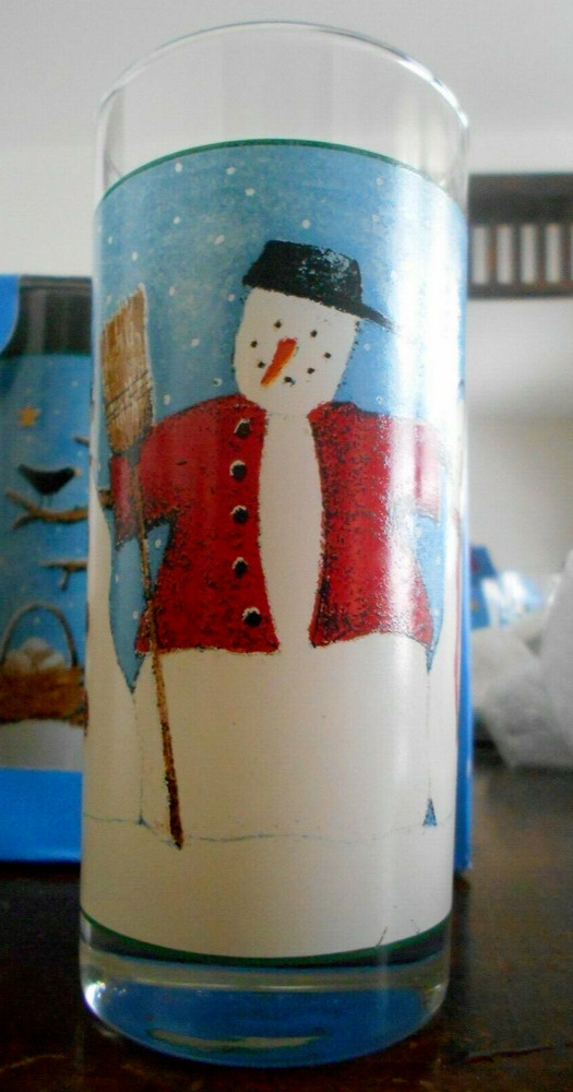 Snowman Cooler Tumbler (s) 16 oz. Glass Sakura Debbie Mumm 1997 White Blue Red !