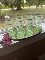 6 Fostoria Vaseline GreenDepression Stemmed Tumblers 22kt Gold Trim Early 1900’s