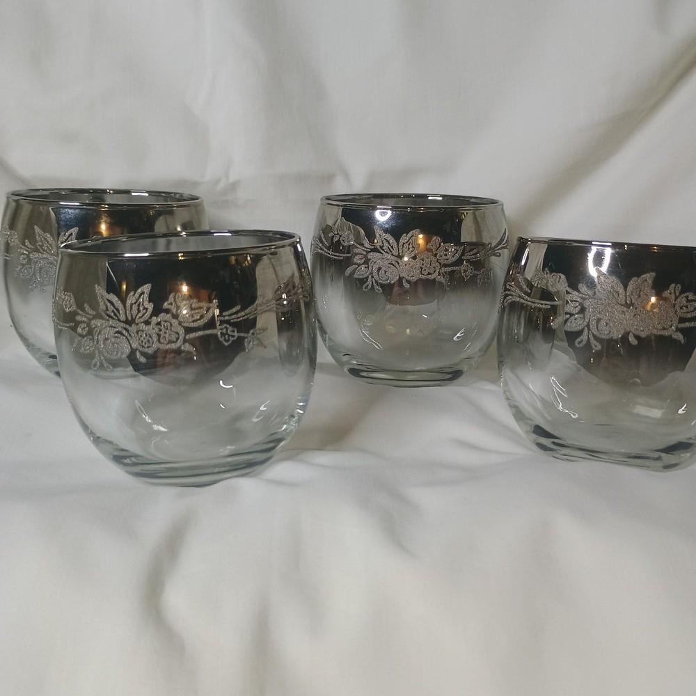 Vtg MCM Queens Luster wear Silver Fade Roly Poly Glasses Floral Rose Set Of 4