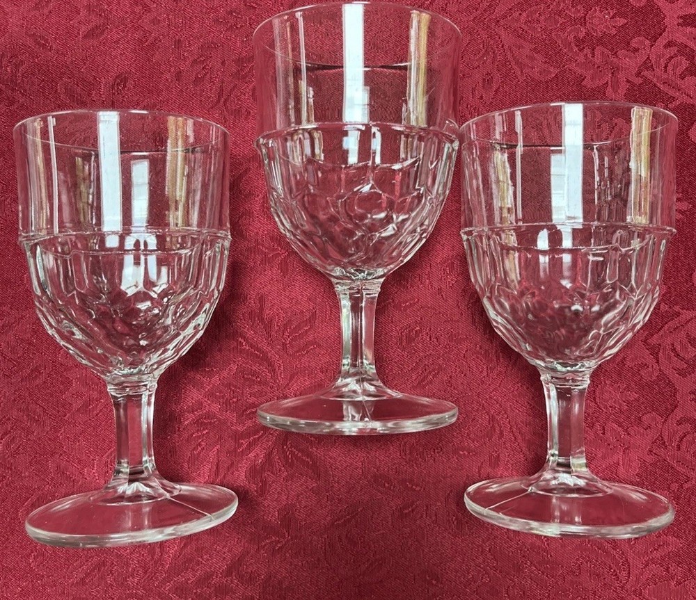 3 Clear WATER GOBLET GLASSES ANTIQUE Honeycomb Diamond Cut EAPG