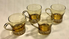 Vintage Libbey Gold Greek Key Glass Continental Coffee Cups w/ Amber Glass
