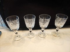 4 Cordial/liquor 4″, crystal cut cross-hatch hobstar, pinwheel, and fan