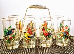 Beautiful Songbird Gold Rim Drinking Glasses, Set 8 Silkscreened Images w/Caddy