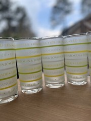 5 Vintage Culver Barware Glasses Frosted Yellow Green White Stripe 5.5” Tall