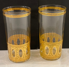 Pair Vintage Culver Antique 22k Gold Crackle Overlay Highball Glasses