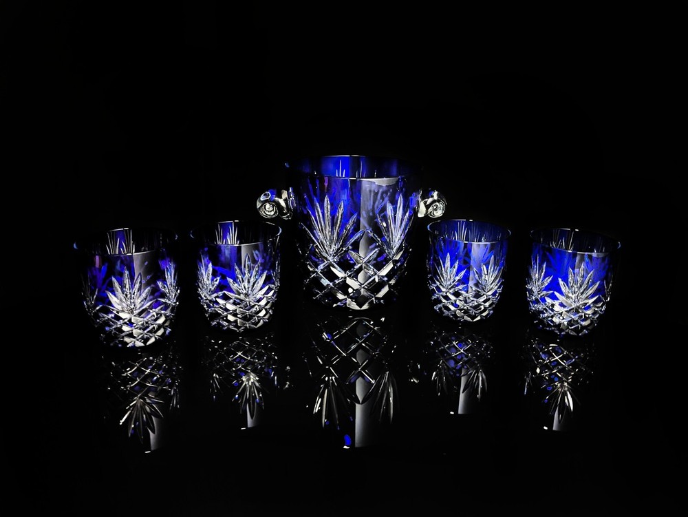 Faberge Odessa Cobalt Blue Ice Bucket with 4 glasses