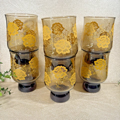 Groovy Smokey Brown Tumbler Glasses With Yellow Flowers Set 6 MCM Stackable