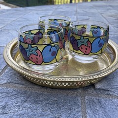 3 Vtg 70s Roly Poly Stained Glass Cocktail Glasses Berries Mid-Century Libbey 3″