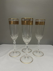 Beautiful VTG Set of 4 Cut Crystal Champagne Flutes w/Gold Overlay Trim 8″ H