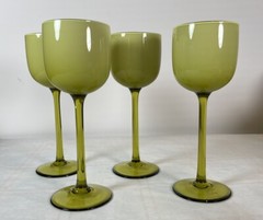4 Mid Century 9” Tall Green Wine Glasses