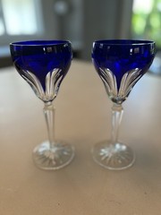 Vintage Cobalt Blue Cut To Clear Crystal Goblets Pair 8” Faceted Stem