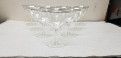 10 VTG CRYSTAL LAUREL LEAF ETCHED SILVER RIM CHAMPAGNE COUPES GLASSES 4 7/8″