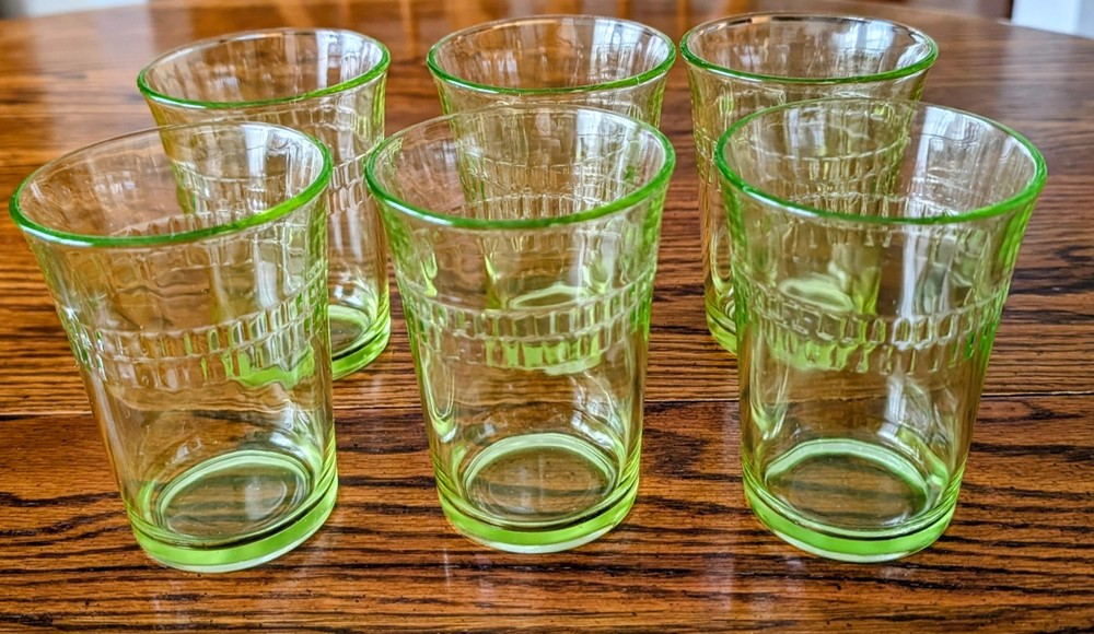6 Anchor Hocking Roulette/Many Windows Green Depression Uranium Glass Tumblers