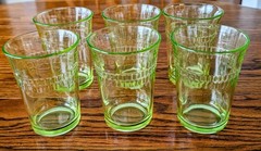 6 Anchor Hocking Roulette/Many Windows Green Depression Uranium Glass Tumblers