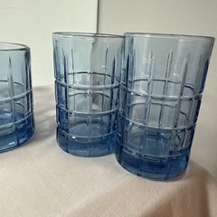 VTG Anchor Hocking Blue Juice Glass Tartan Grid Pattern Barware 6oz.
