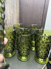 Vintage Indiana Whitehall Colony Cubist Glass Avocado Green Footed. Set Of 6