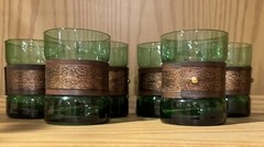 RARE Vintage MCM Emerald Green Banded Tooled Leather Drinking Glasses Lot Of 6