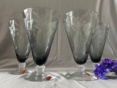 Fostoria Nouveau Etched Smoke Grey Ice Tea Goblets, Four (4), with labels, HTF!