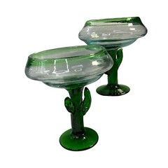 2 Hand Blown Green Saguaro Cactus Margarita Glasses Clear Green Rim Base