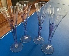 GLASS 4 FOSTORIA GALLERIA MILANO ROMANIAN MOSAIC GLASS TRUMPET CHAMPAGNE FLUTES.