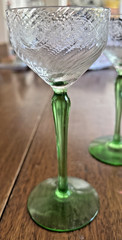 4 Tiffin Cordials Persian Pheasant Etched Glass With Nile Green Uranium Base
