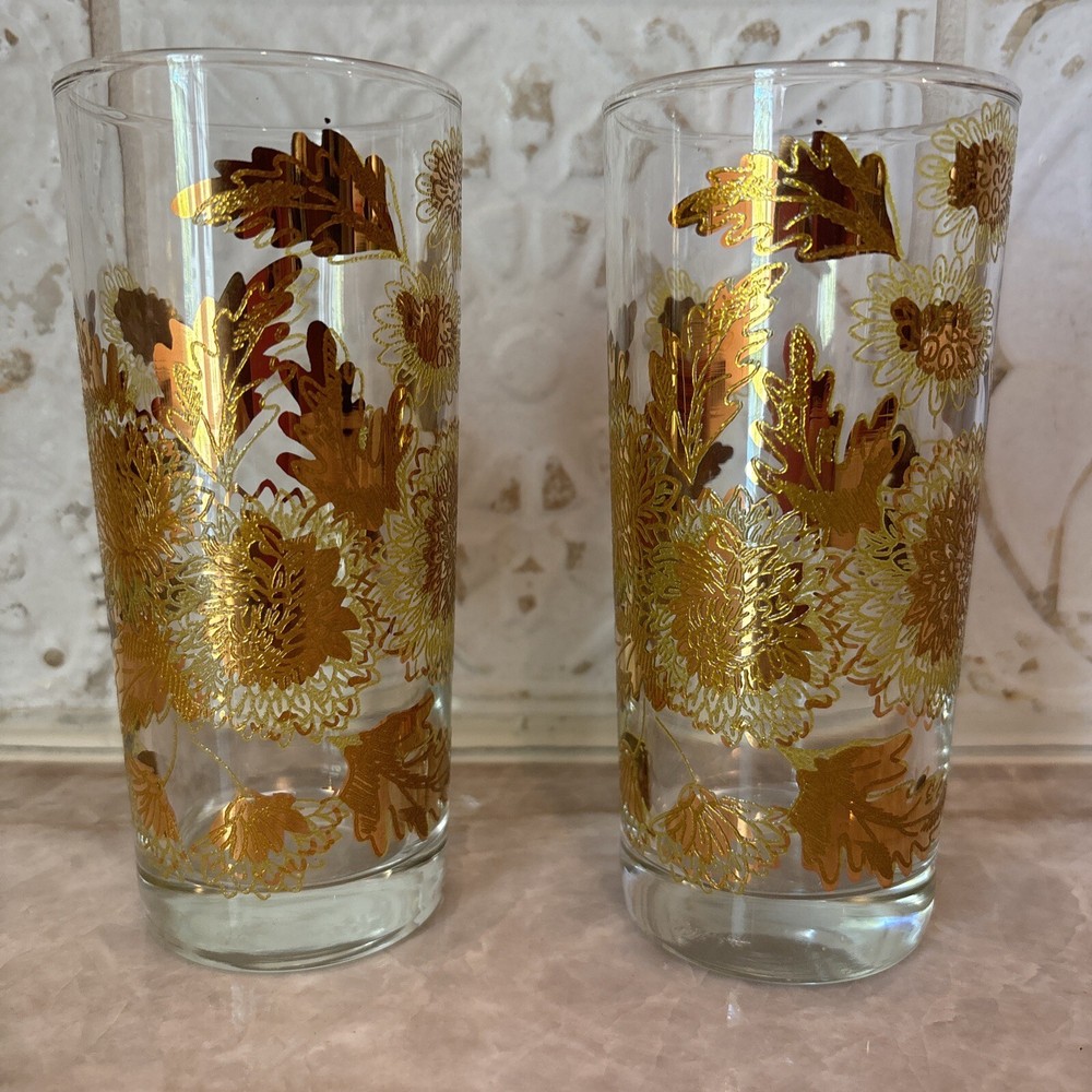 Pokee 22k Yellow Gold Mid-century Chrysanthemum Highball Glasses Bartlett Set Of