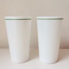 (2) White Milk Glass Tumbler Green Line Trim Vintage Drinkware