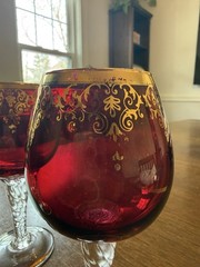 Ruby Red Wine Goblets 4 Hand Painted Gold Scroll Twisted Stem MCM Vintage Italy