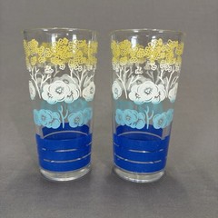 Vintage Floral Tumblers Glasses 6 1/4″ Set of 2 Blue White Yellow Flowers MCM