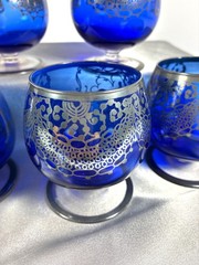Vintage Cobalt Blue Silver Overlay Cordial Glasses Set of 5 Mid Century Barware