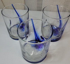 3-Libbey? Cobalt Blue Ribbon & Clear Rocks Glasses 4” Dimpled Finger Grips