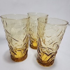 Set Of 3 – Vintage Amber Crinkle Glass Beverage Tumbler