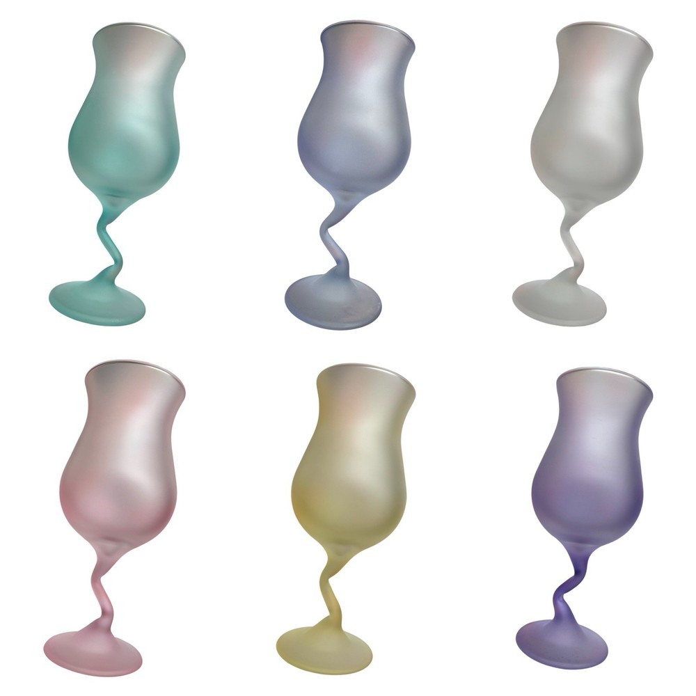 Postmodern Set x6 Libbey Z Stem Zig Zag 1980s Pastel Frosted Satin Wine Glasses
