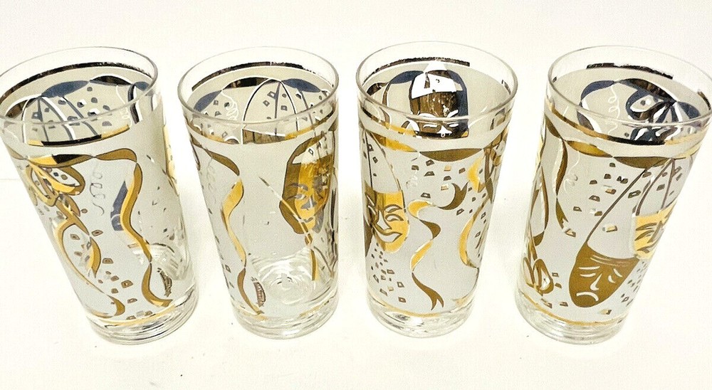 4 Vintage Starlyte Comedy & Tragedy Theatre Mask Cocktail Highball Glasses