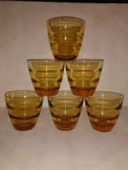 6 Vintage MCM Hazel Atlas WATERFALL Amber Vintage Cordial Juice Glasses Bee Hive
