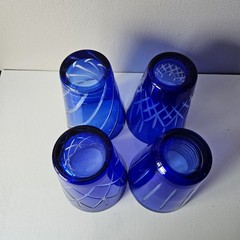 4 Cobalt Blue Cut To Clear Glasses Tumblers All Different Cut Patterns 4.75″