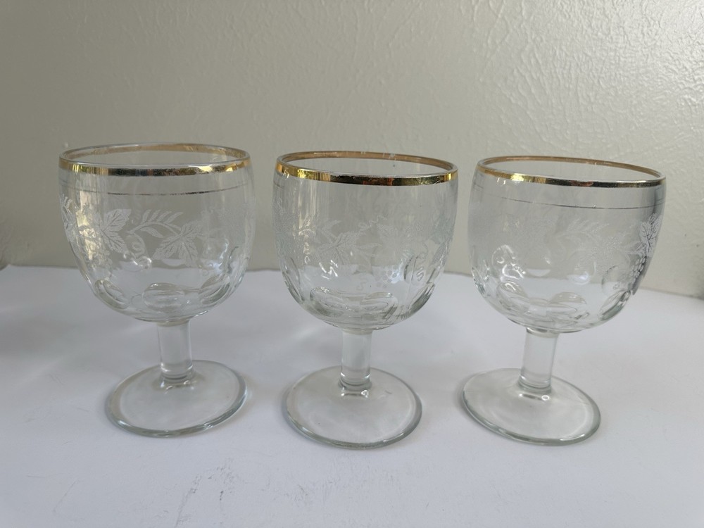 Set of 3 Vintage Bartlett Collins Grape Leaf Etched Glass Goblet Gold Rim