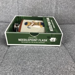 Eastwood Pines Needlepoint Flask Golf Bear 6 Oz Beige With Box Stainless Steel