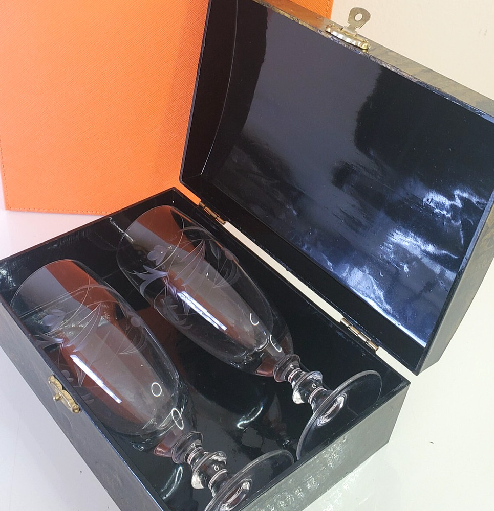 Short Etched Champagne Flutes Button Base in VTG Hinged Plastic Decoupage Box